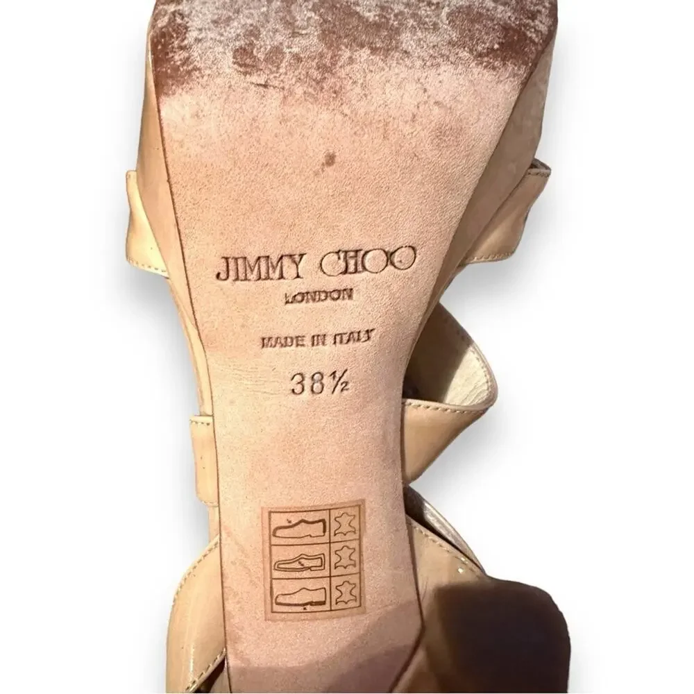 Jimmy‎ Choo Beige Patent Leather Vamp Sandals Stiletto Heels Sz 38.5